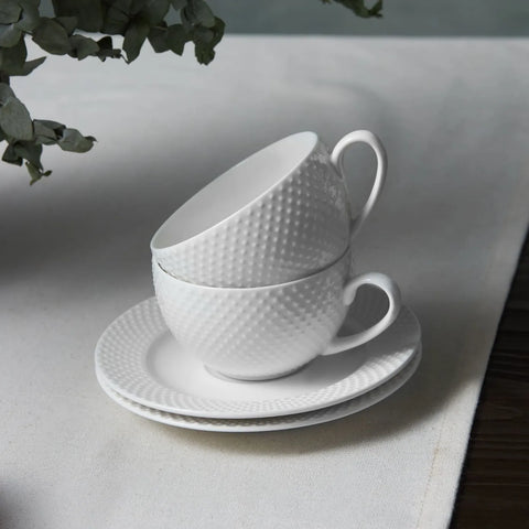 Karaca Punto für 4 Personen Teetasse und Untertasse Set, 8 Teilig, New Generation Bone, Weiß, 220ml