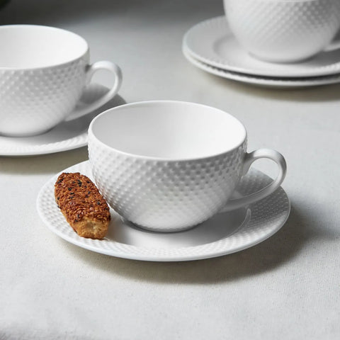 Karaca Punto für 4 Personen Teetasse und Untertasse Set, 8 Teilig, New Generation Bone, Weiß, 220ml